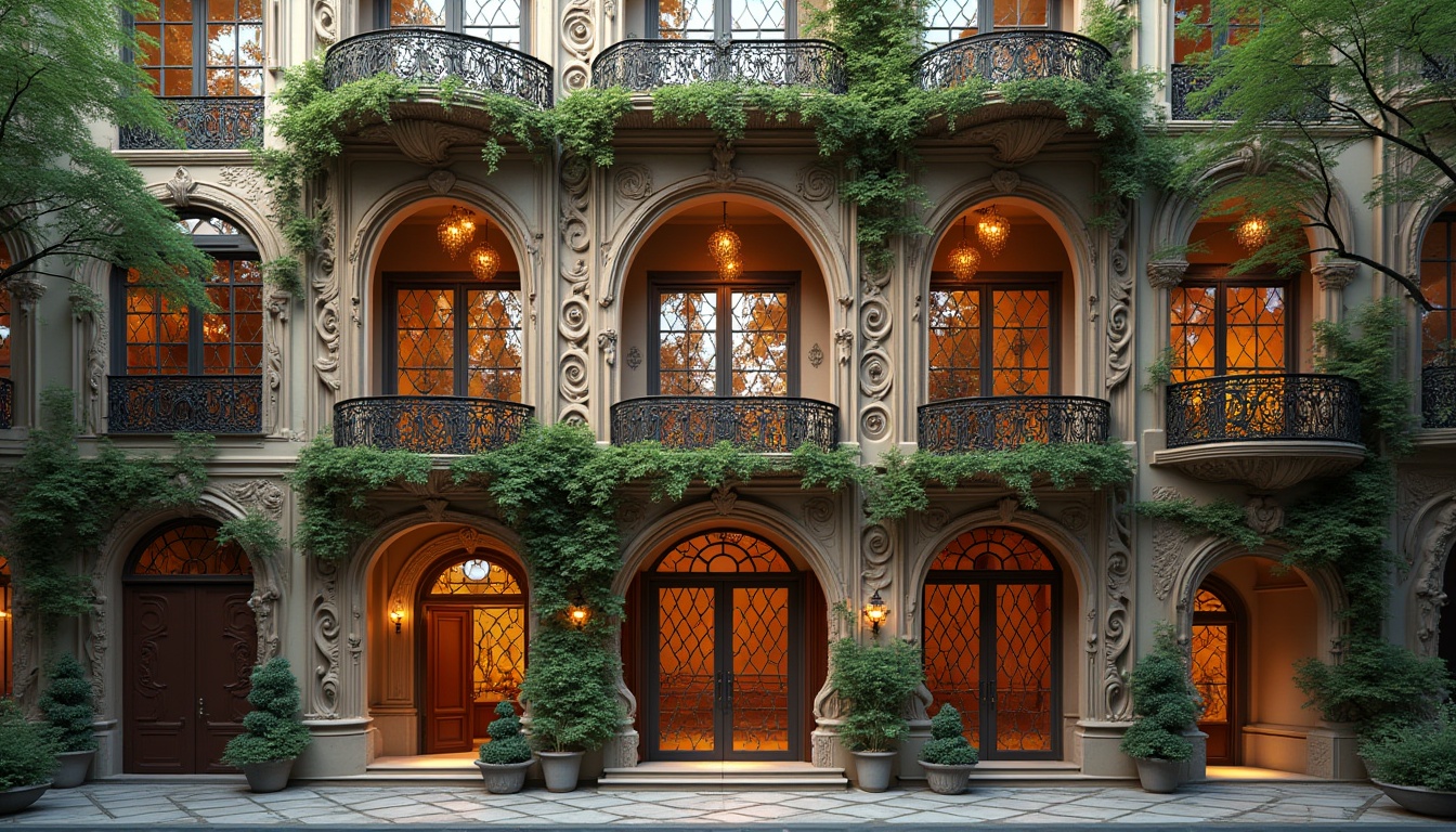 Prompt: Intricate ornate facade, flowing organic lines, sinuous curves, luxurious materials, rich textures, vibrant colors, stained glass windows, wrought iron balconies, ornamental metalwork, decorative stonework, grand entranceways, sweeping arches, asymmetrical compositions, whimsical botanical motifs, soft warm lighting, shallow depth of field, 1/2 composition, realistic renderings, atmospheric perspective.