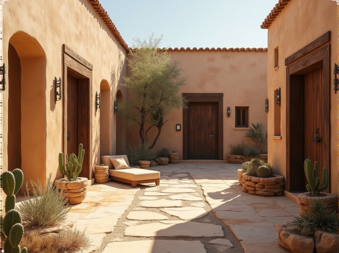 Prompt: Earth-toned buildings, warm beige exteriors, rustic wooden accents, natural stone walls, terracotta roof tiles, muted ochre hues, sun-kissed courtyard, arid landscape, cacti and succulents, weathered metal details, distressed textures, organic shapes, soft warm lighting, low-key shadows, 1/1 composition, intimate focal length, realistic renderings.