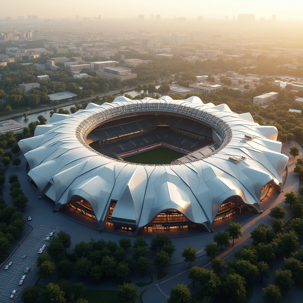 Prompt: Futuristic stadium architecture, curved roof lines, dynamic triangular structures, metallic materials, glossy finishes, retractable roofs, natural ventilation systems, solar panels integration, green roofs, lush vegetation, urban cityscape, evening atmosphere, warm golden lighting, shallow depth of field, 1/1 composition, panoramic view, realistic textures, ambient occlusion.