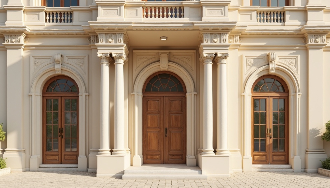 Prompt: Cream-colored facade, symmetrical composition, ornate stone carvings, classical columns, arched windows, grand entrance, wooden doors, bronze door handles, subtle texture details, earthy tone bricks, balanced proportions, harmonious color palette, soft natural lighting, slight warm glow, 1/1 composition, realistic render, ambient occlusion.