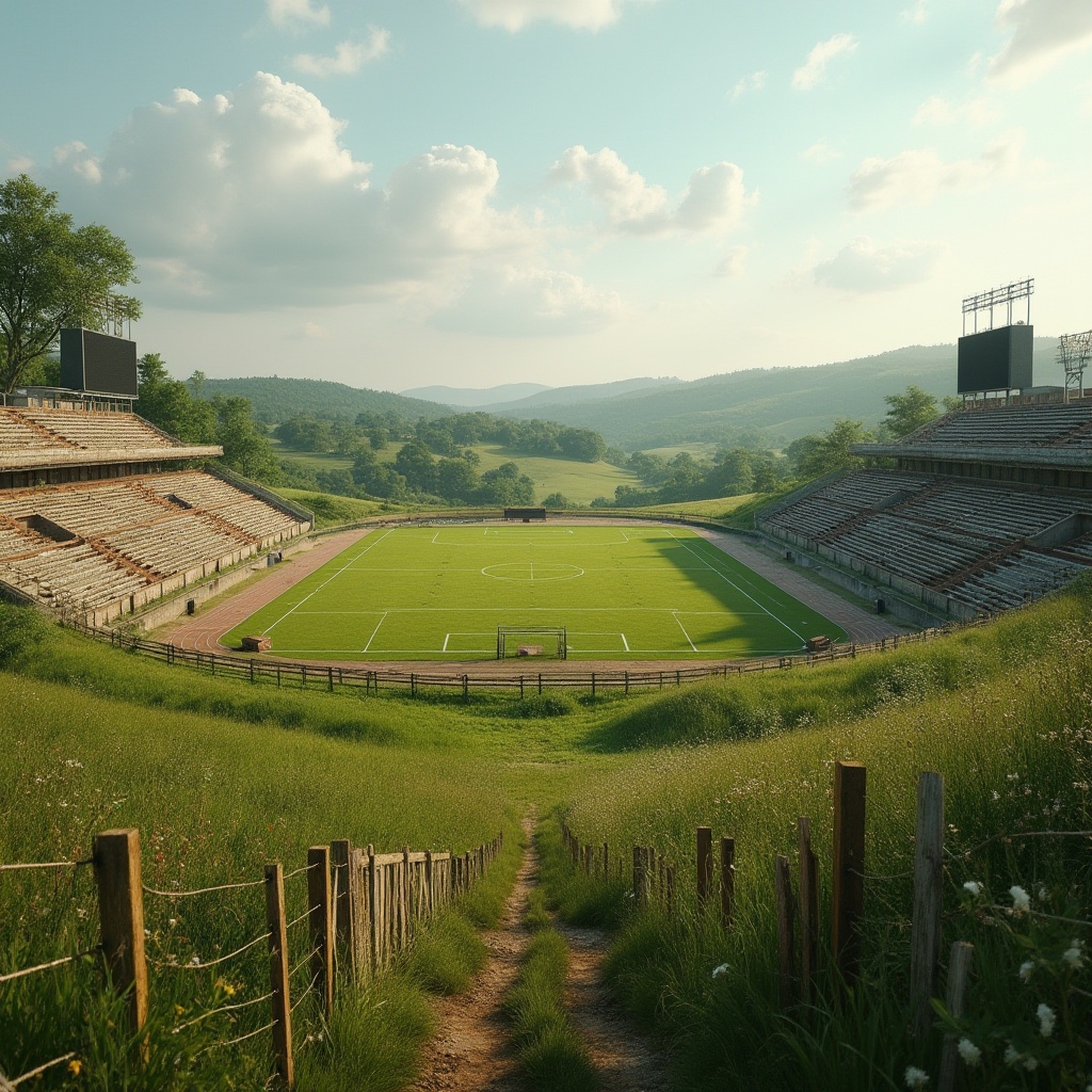 Prompt: Rural football stadium, lush green grass, rolling hills, rustic wooden bleachers, vintage scoreboard, metal goalposts, rural landscape backdrop, distant farmhouse views, open countryside skies, warm sunny afternoon, soft natural lighting, 1/2 composition, shallow depth of field, realistic textures, ambient occlusion, worn dirt pathways, scattered wildflowers, weathered stone walls, wooden fences, rusty metal gates, nostalgic atmosphere.