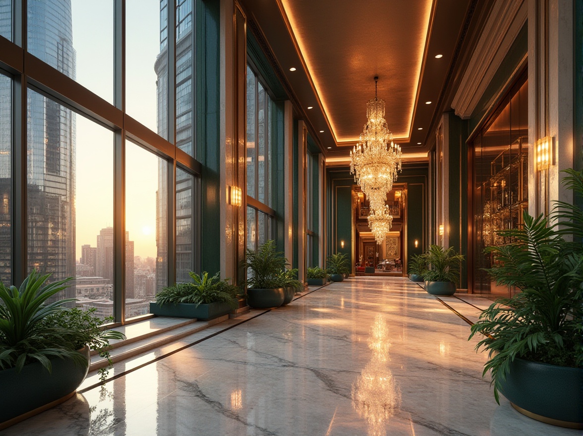 Prompt: Luxurious high-rise building, sleek glass fa\u00e7ade, metallic accents, elegant entrance canopy, grand lobby interior, polished marble floors, sophisticated chandelier lighting, lavish green walls, exotic flower arrangements, panoramic city views, warm golden hour lighting, shallow depth of field, 2/3 composition, realistic reflections, ambient occlusion.