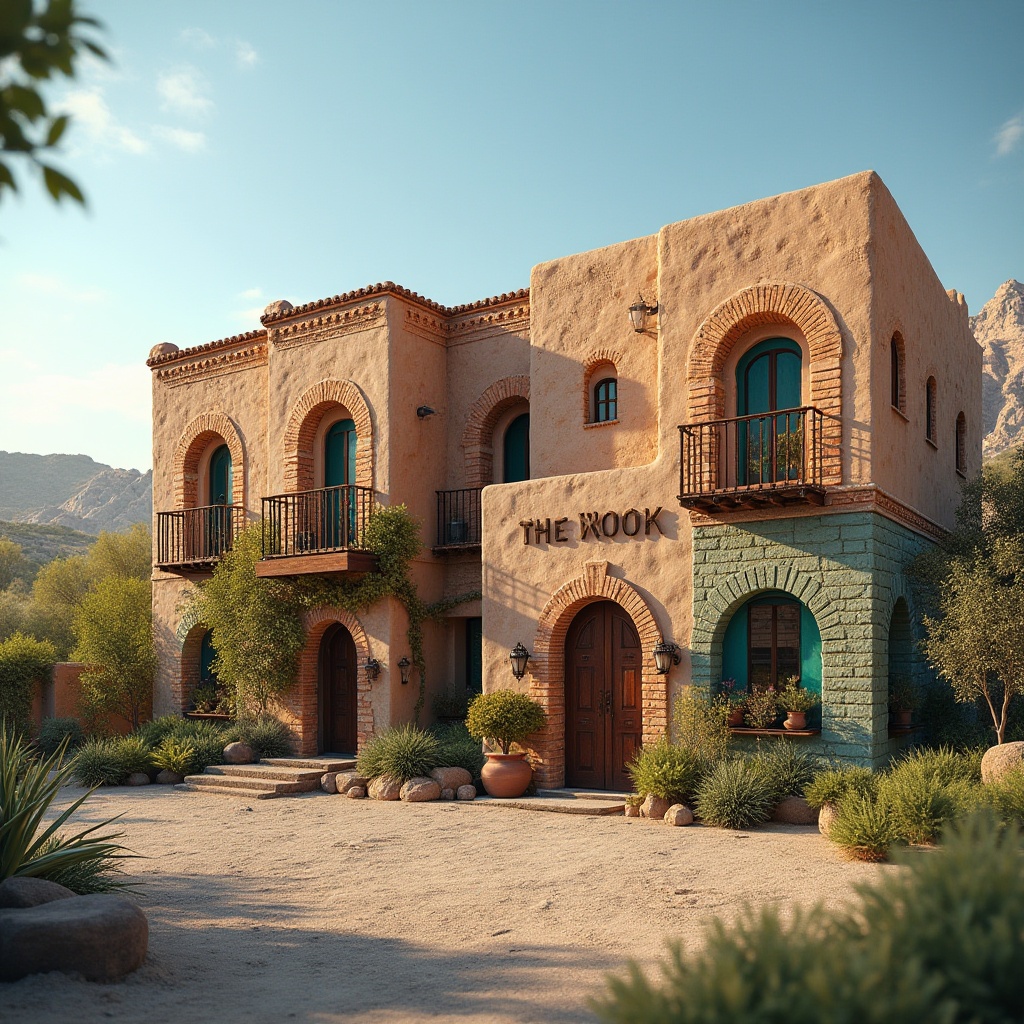 Prompt: Earth-toned regionalist fa\u00e7ade, curved lines, ornate details, traditional patterns, local cultural influences, natural stone cladding, earthy red brick walls, wooden accents, vibrant turquoise highlights, intricate tile work, arched windows, rustic metal doors, lush greenery, desert landscape, clear blue sky, warm sunny day, soft diffused lighting, shallow depth of field, 3/4 composition, panoramic view, realistic textures, ambient occlusion.