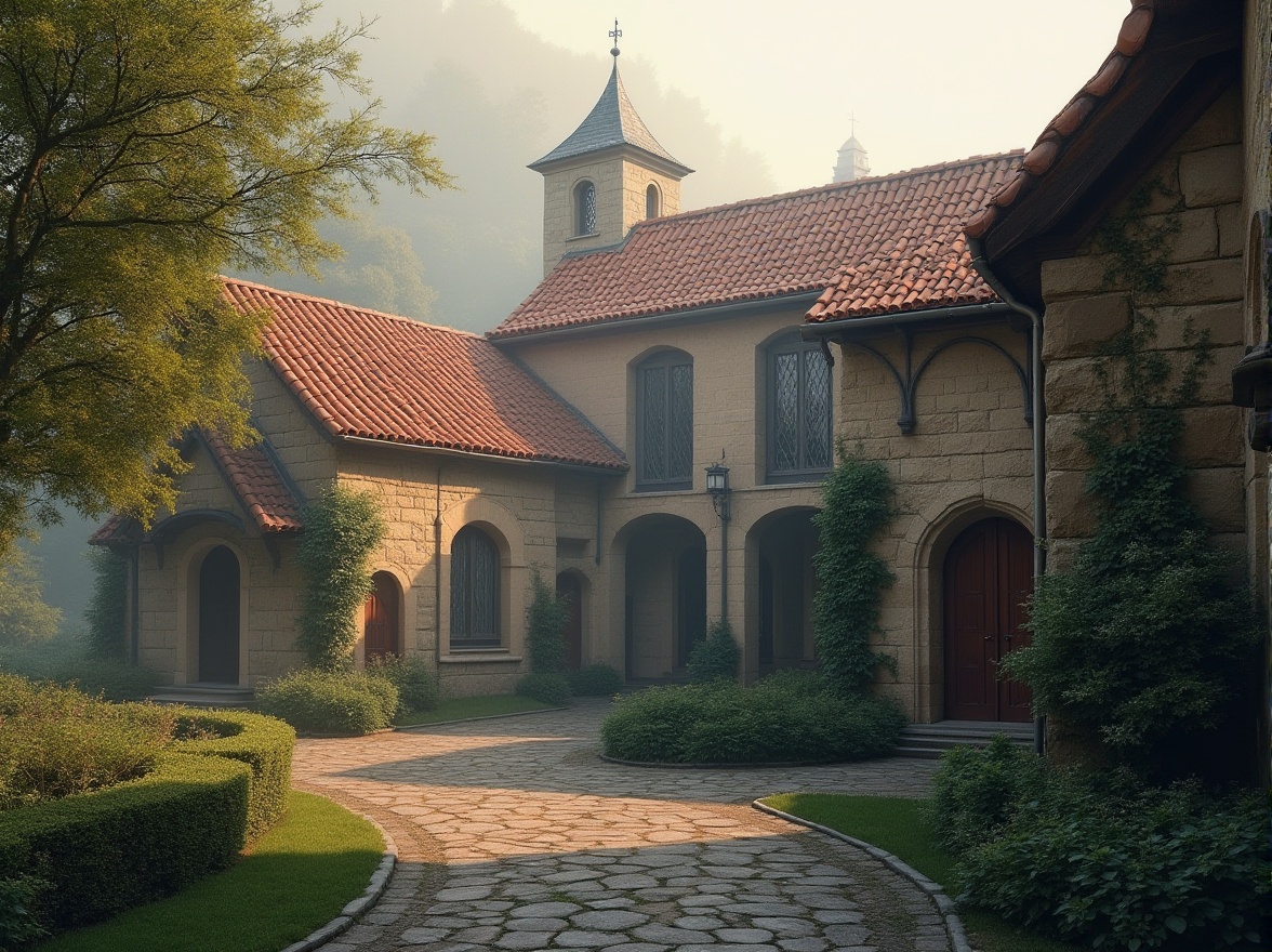 Prompt: Curved rooflines, terracotta tiles, rustic stone walls, monastery-inspired architecture, tranquil atmosphere, lush greenery, misty morning, soft warm lighting, subtle fog effects, medieval-style windows, ornate wooden doors, intricate stonework, peaceful courtyards, serene cloisters, natural stone pathways, vibrant stained glass, mystical ambiance, subtle color palette, 1/1 composition, shallow depth of field, realistic textures, ambient occlusion.