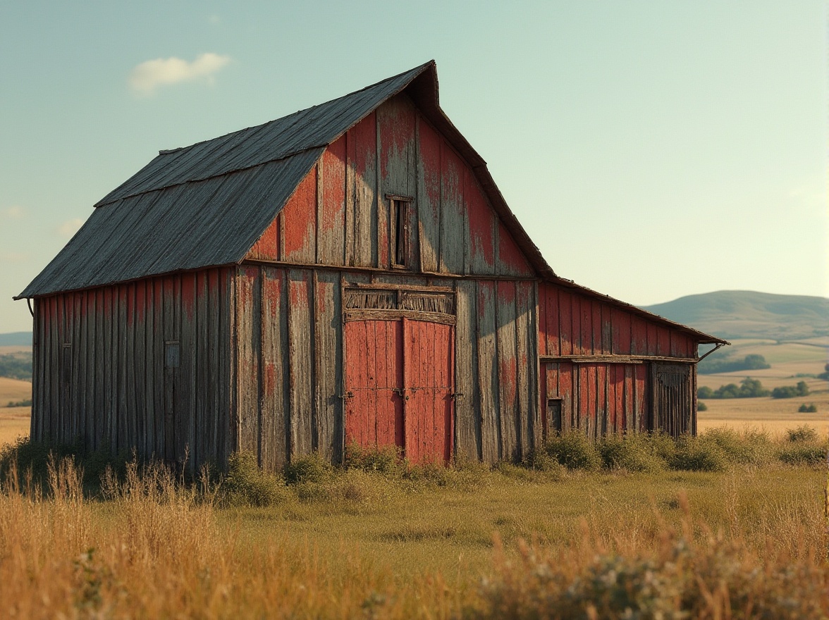 Prompt: Rustic barn, weathered wood, distressed textures, earthy tones, warm beige, mossy green, faded red, vintage metal accents, rural landscape, rolling hills, sunny afternoon, soft diffused light, shallow depth of field, 1/1 composition, realistic wear and tear, ambient occlusion.