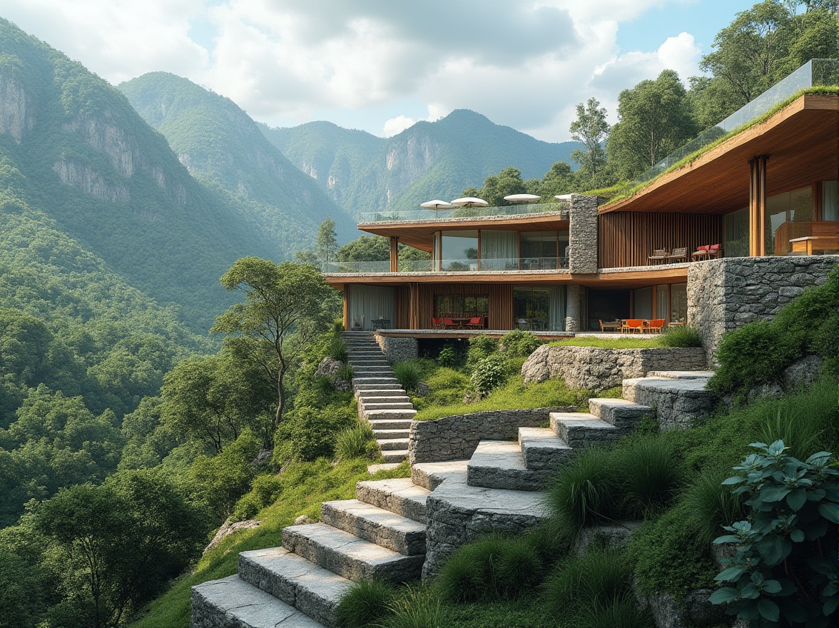 Prompt: Mountainous landscape, lush green forests, winding hiking trails, rustic stone walls, modern minimalist architecture, sleek glass facades, cantilevered roofs, wooden accents, natural ventilation systems, organic forms, earthen materials, sustainable design principles, eco-friendly infrastructure, rainwater harvesting systems, grey water reuse, solar panels, wind turbines, shaded outdoor spaces, misting systems, vibrant colorful textiles, intricate geometric motifs, panoramic views, shallow depth of field, 3/4 composition, realistic textures, ambient occlusion.