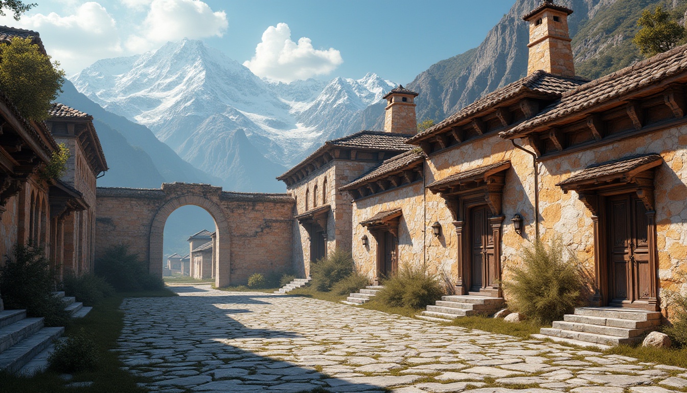 Prompt: Snow-capped mountains, serene monastery complex, rustic stone walls, tranquil courtyards, ornate wooden doors, vibrant fresco paintings, intricate stonework carvings, regional folk patterns, warm earthy tones, natural stone pathways, lush greenery, misty morning light, soft warm illumination, shallow depth of field, 1/2 composition, realistic textures, ambient occlusion.Let me know if you need any adjustments!