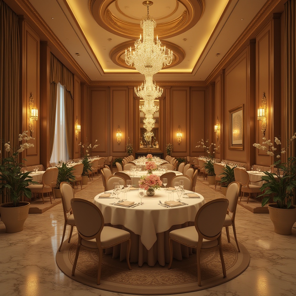 Prompt: Elegant dining hall, warm beige walls, rich wood accents, luxurious velvet drapes, sparkling crystal chandeliers, soft golden lighting, comfortable upholstered chairs, polished marble floors, subtle patterned rugs, sophisticated cream-colored ceilings, refined silverware, delicate flower arrangements, intimate candlelight, 1/1 composition, shallow depth of field, warm color tones.