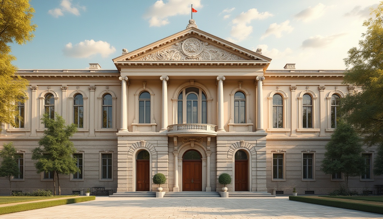 Prompt: Grandiose middle school facade, classicist architectural style, symmetrical composition, ornate decorations, Corinthian columns, arched windows, rusticated walls, limestone material, beige color tone, subtle texture, natural light, soft warm atmosphere, shallow depth of field, 1/1 composition, realistic rendering, ambient occlusion.