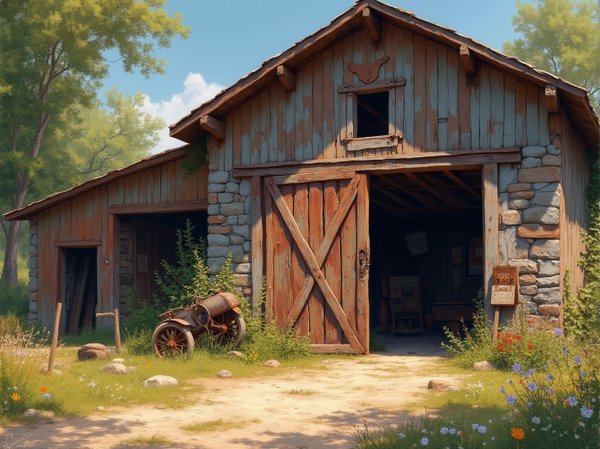 Prompt: Rustic barn, distressed wood, weathered metal, earthy tones, natural stone walls, rough-hewn beams, vintage farm equipment, worn wooden doors, rusty hinges, faded signage, overgrown vegetation, wildflowers, sunny afternoon, warm soft light, shallow depth of field, 1/1 composition, realistic textures, ambient occlusion, expressive brushstrokes, impasto techniques.