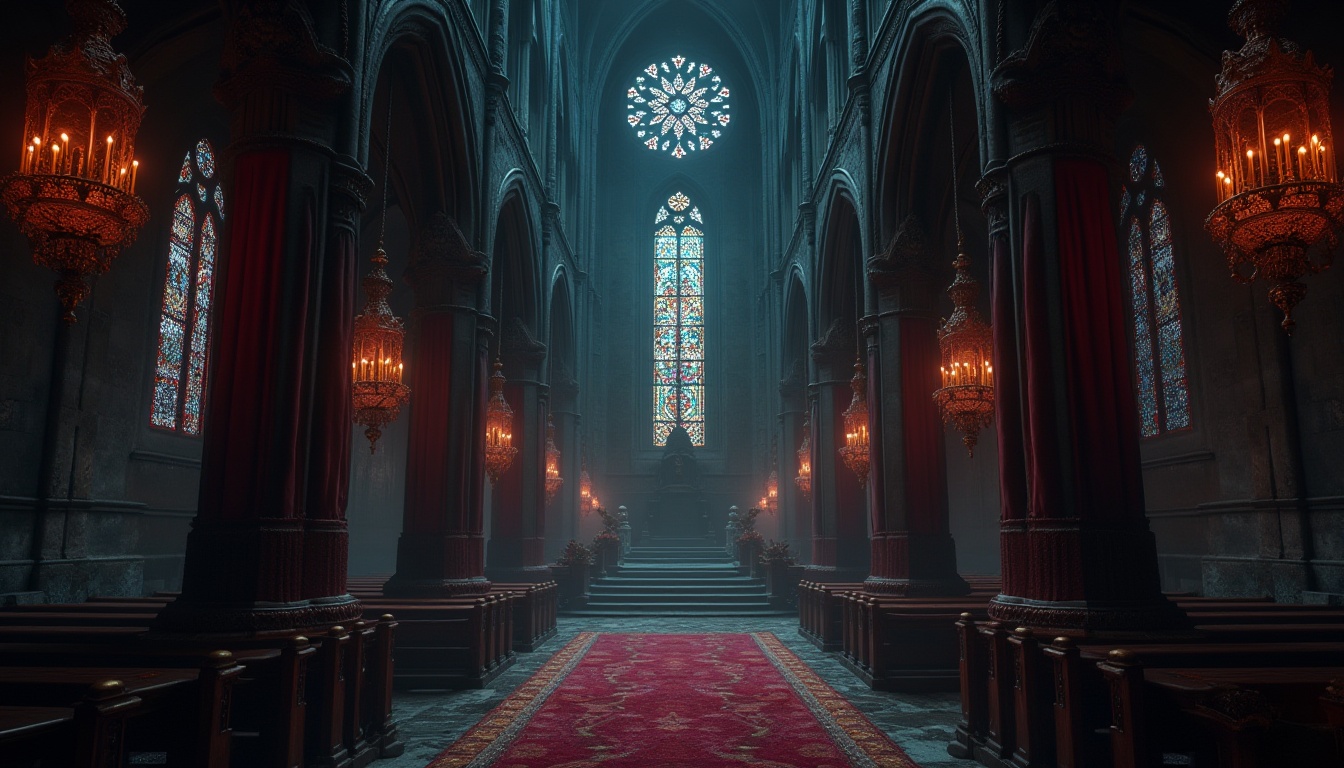 Prompt: Dark mysterious cathedral, ornate stone carvings, stained glass windows, rich velvet drapes, mystical foggy atmosphere, dim warm candlelight, eerie shadows, weathered ancient stones, intricate gothic arches, mysterious crypts, luxurious heavy curtains, bold dramatic lighting, intense crimson red, deep midnight blue, eerie dark green, mysterious purple hues, metallic gold accents, worn leather textures, distressed wood surfaces, dramatic high contrast, cinematic composition, ominous foggy backdrop, hauntingly beautiful scenery.