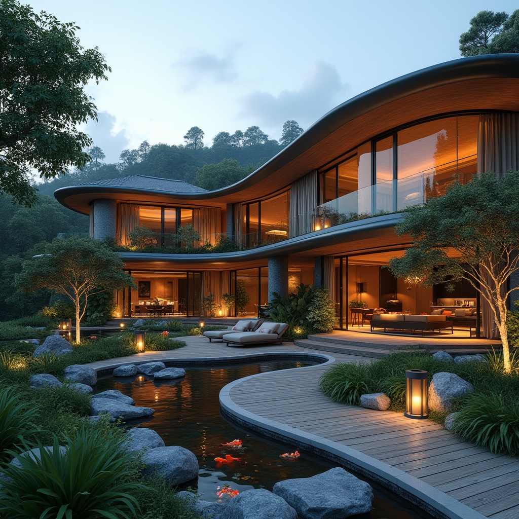 Prompt: Villa facade, modernist architecture, streamline curves, floor-to-ceiling windows, sliding glass doors, cantilevered roofs, lush greenery, natural stone walls, water features, koi ponds, walking trails, wooden decking, outdoor seating areas, lantern-style lighting, warm ambient illumination, shallow depth of field, 1/1 composition, panoramic view, realistic textures, ambient occlusion.