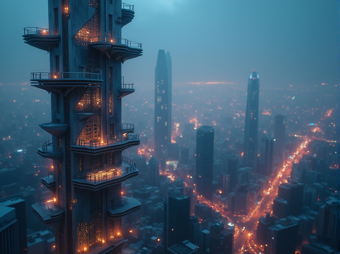 Prompt: Futuristic watching towers, sleek metallic facade, angular lines, dynamic LED lighting, cantilevered viewing decks, panoramic city views, urban landscape, bustling streets, vibrant night scenes, neon lights, misty atmospheric effects, shallow depth of field, 3/4 composition, cinematic mood, realistic textures, ambient occlusion.