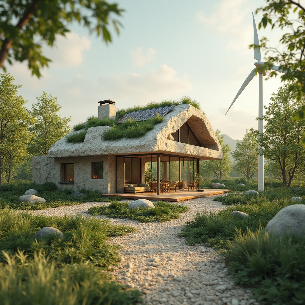 Prompt: Earthy tones, recycled materials, natural textures, eco-friendly fabrics, organic shapes, biophilic architecture, green roofs, living walls, solar panels, wind turbines, water conservation systems, minimalist design, calming atmosphere, soft diffused lighting, shallow depth of field, 1/2 composition, realistic renderings, ambient occlusion.