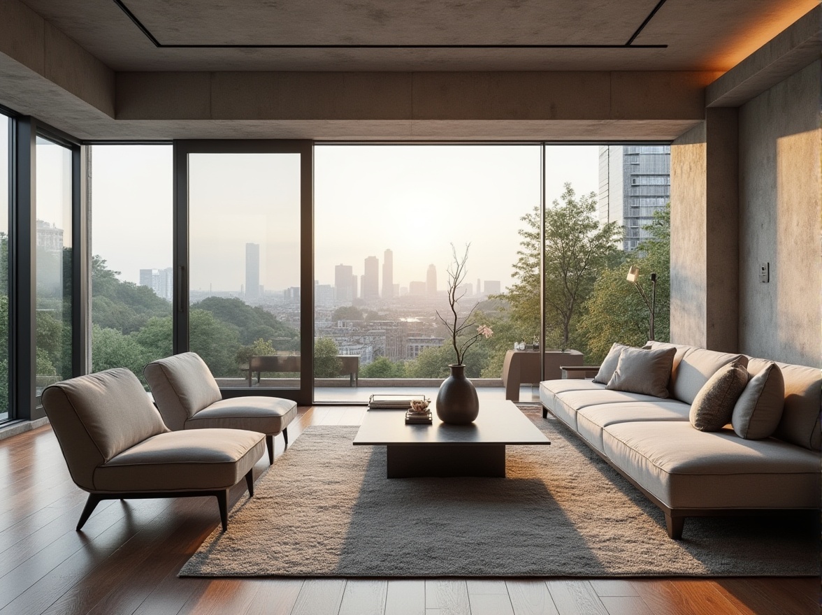 Prompt: Modern living room, spacious open-plan layout, comfortable seating area, sleek low-profile sofa, minimalist coffee table, floor-to-ceiling windows, natural light, urban city view, industrial chic concrete walls, polished wood flooring, warm ambient lighting, 3/4 composition, shallow depth of field, realistic textures, soft focus blur.