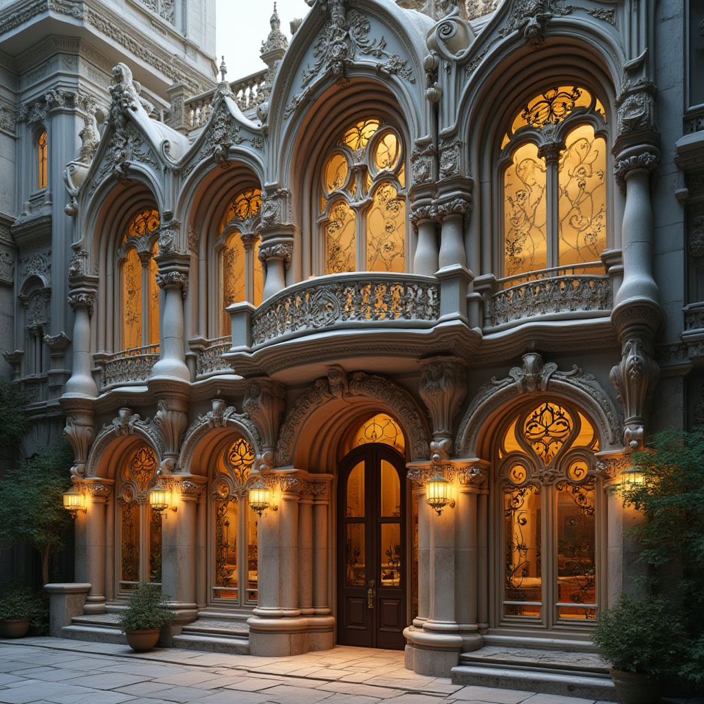 Prompt: Intricate ornate facade, sinuous lines, flowing curves, organic forms, luxurious materials, marble columns, grand entranceways, stained glass windows, wrought iron details, asymmetrical composition, whimsical motifs, vintage charm, soft warm lighting, atmospheric ambiance, shallow depth of field, 2/3 composition, realistic textures, ambient occlusion.