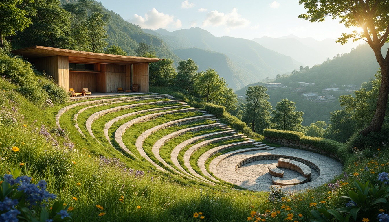 Prompt: Amphitheater architecture, harmonious landscape integration, lush greenery, natural stone seating, tiered grassy slopes, vibrant wildflowers, meandering walkways, wooden benches, scenic overlooks, panoramic views, sunny day, soft warm lighting, shallow depth of field, 3/4 composition, symmetrical design, grand entrance, curved lines, rustic materials, earthy tones, organic forms, natural ventilation systems, rainwater harvesting systems, eco-friendly materials, innovative irrigation technologies, shaded outdoor spaces.