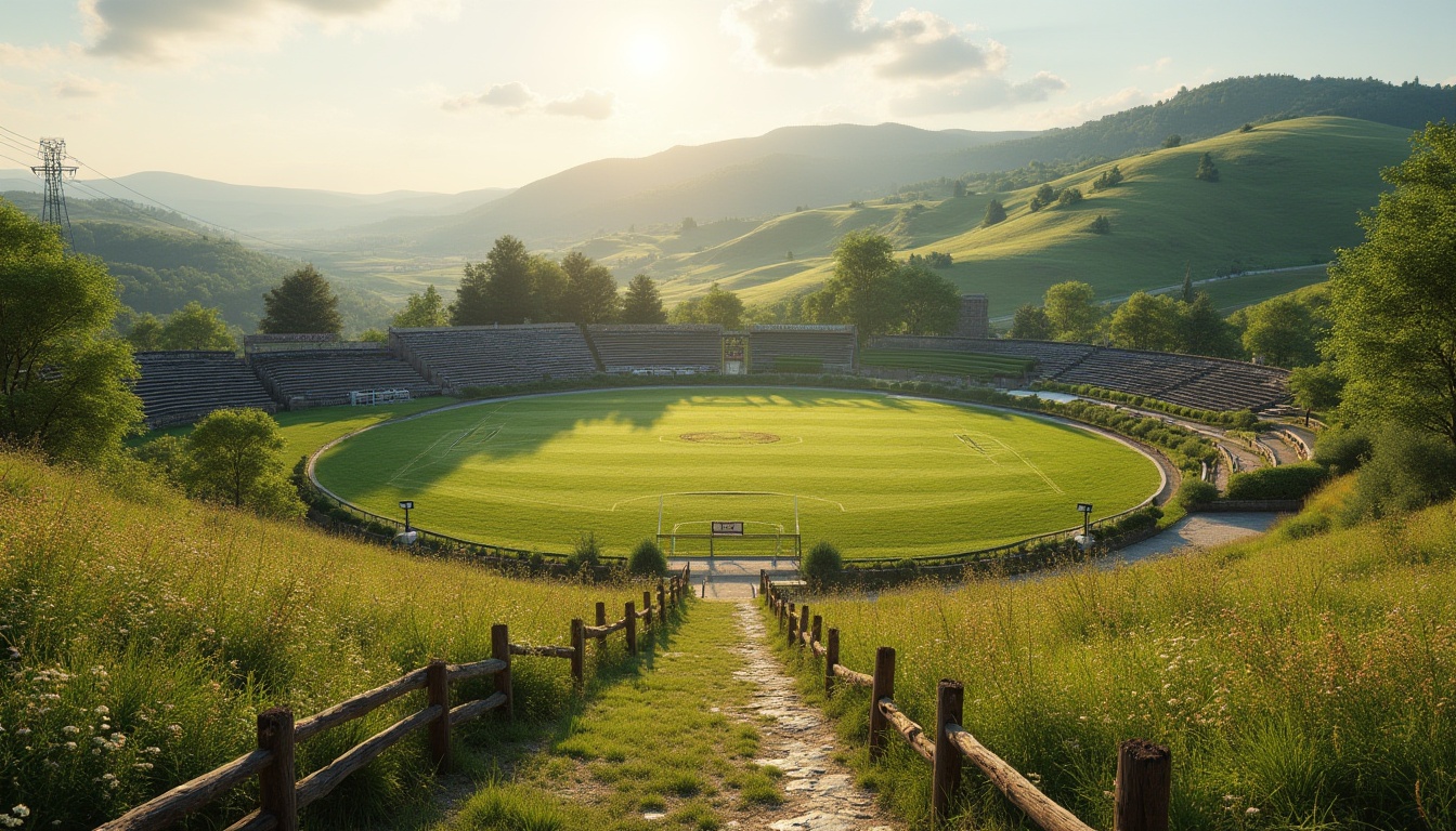 Prompt: Rustic rural football stadium, rolling green hills, lush natural grass, wildflower meadows, winding stone pathways, wooden fences, vintage scoreboard, nostalgic bleachers, sunny afternoon, soft warm lighting, shallow depth of field, 3/4 composition, panoramic view, realistic textures, ambient occlusion, earthen berms, native tree species, seasonal flower blooms, gravel parking lots, rural road access, country-style signage, wooden goalposts, natural stone retaining walls.