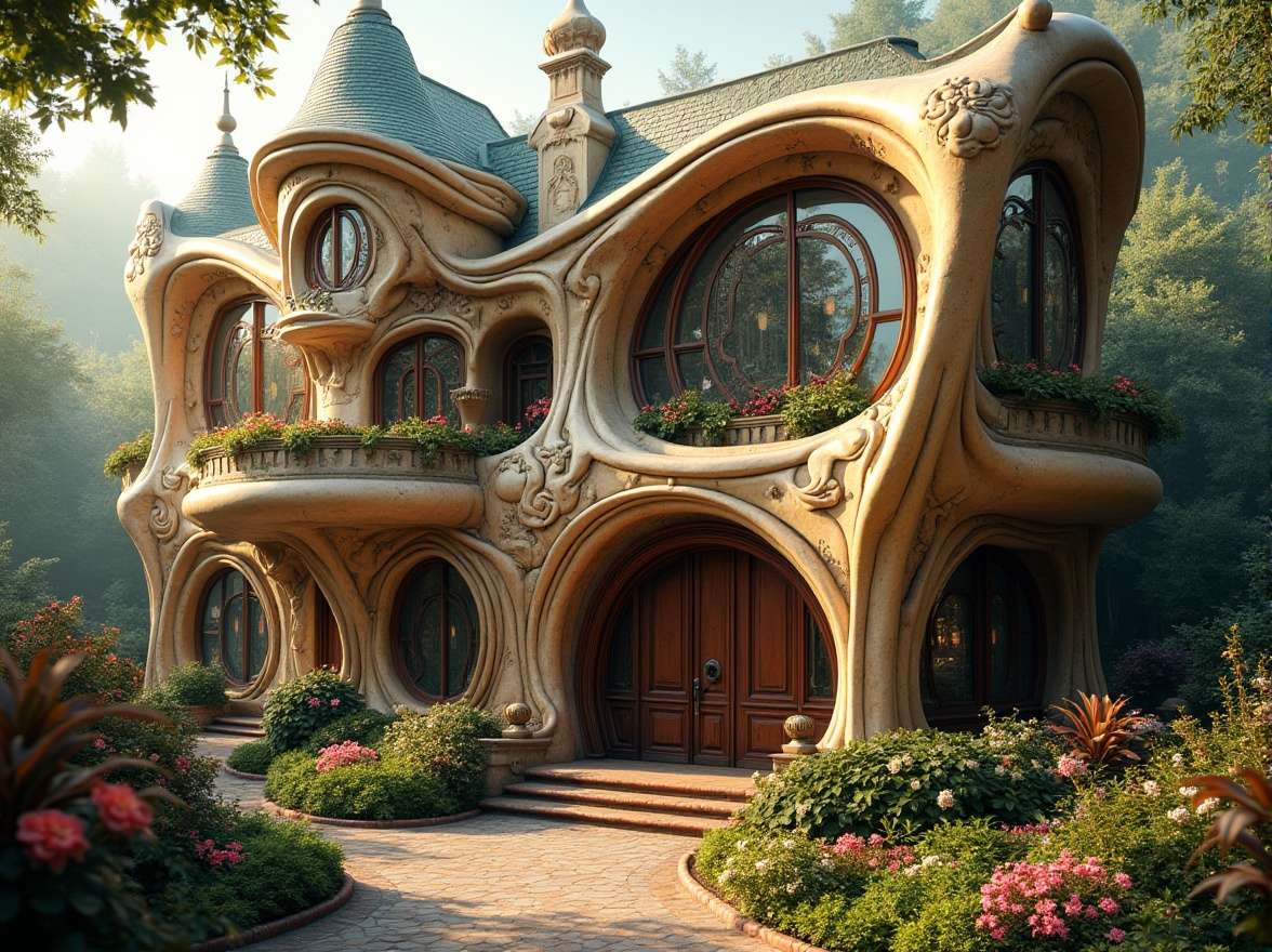 Prompt: Intricate Art Nouveau building, flowing organic lines, sinuous curves, ornate metalwork, stained glass windows, decorative floral patterns, curved wooden doors, grand entranceways, sweeping arches, whimsical sculptures, soft warm lighting, shallow depth of field, 1/2 composition, warm color palette, rich textures, ambient occlusion, botanical gardens, lush greenery, vibrant flowers, misty morning atmosphere.