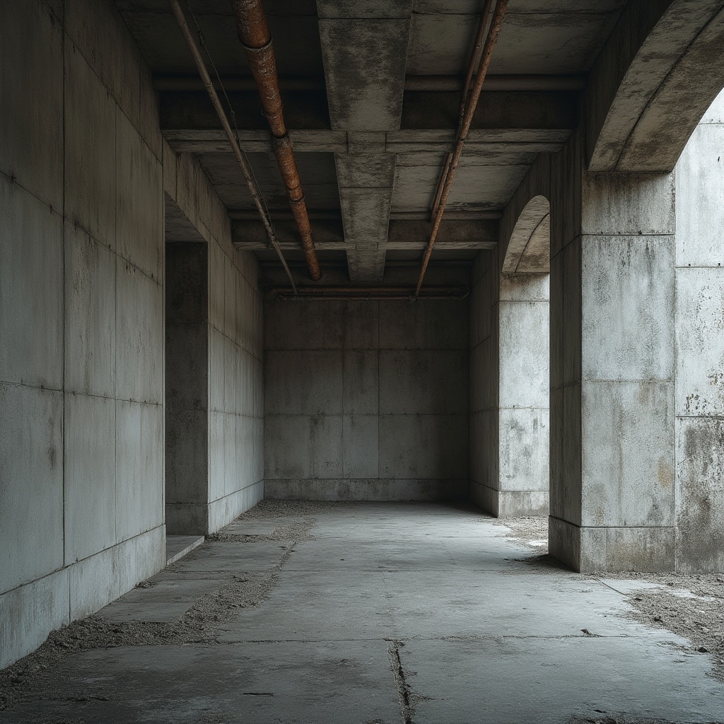 Prompt: Rough concrete walls, brutalist fa\u00e7ade, rugged stone floors, distressed metal beams, industrial pipes, exposed ductwork, minimalist decor, harsh shadows, dramatic lighting, low-angle shot, 1/2 composition, gritty urban environment, overcast skies, diffused natural light, weathered surfaces, raw materiality, functional simplicity, monumental scale, imposing structures.