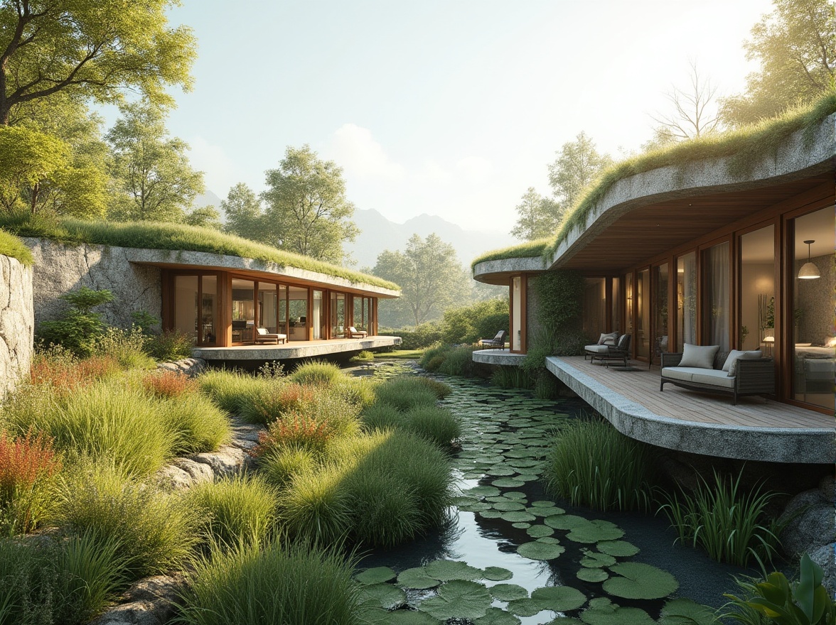 Prompt: Seamless landscape integration, lush green roofs, natural stone walls, curved lines, organic forms, eco-friendly materials, sustainable design, minimalism, large windows, sliding glass doors, panoramic views, outdoor living spaces, wooden decks, cantilevered structures, native plant species, wildflowers, meandering pathways, serene ambiance, warm sunny day, soft diffused lighting, 1/1 composition, realistic textures, ambient occlusion.