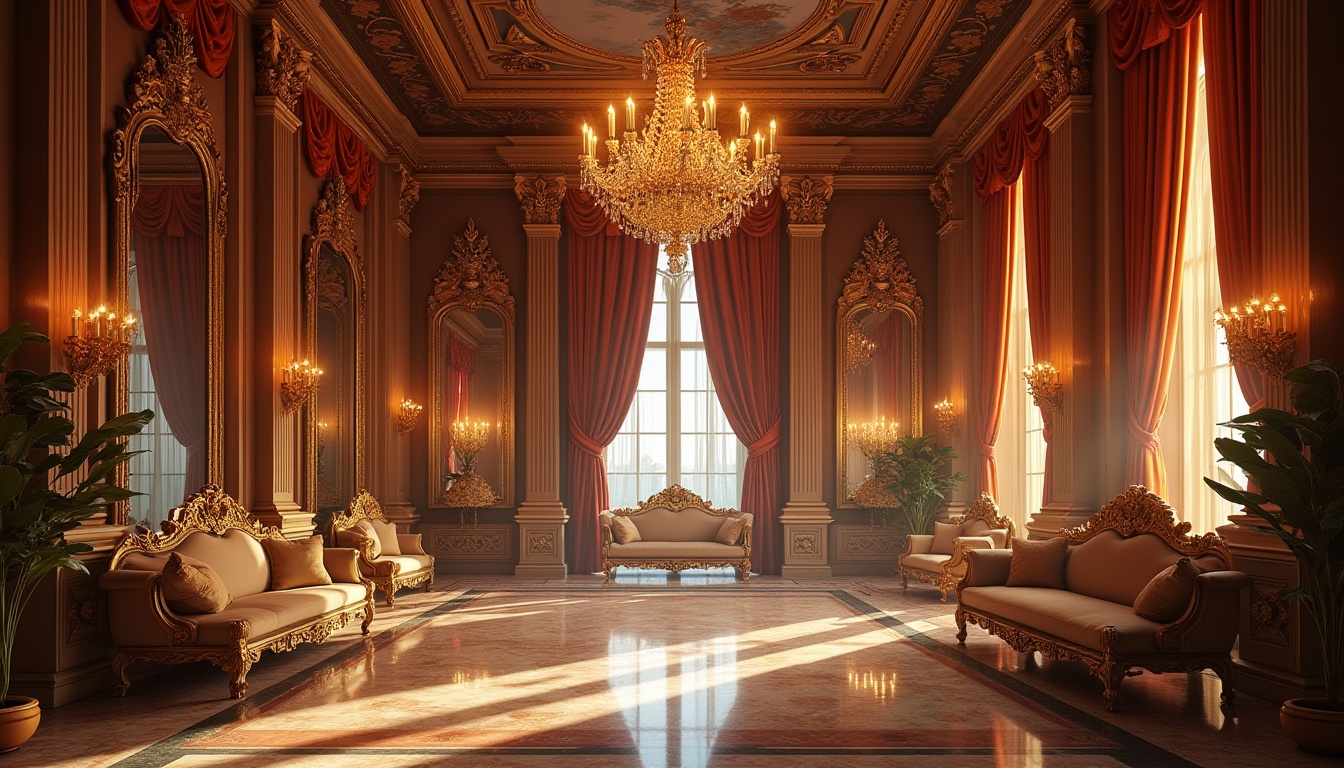 Prompt: Ornate palace interior, grand chandelier, luxurious velvet drapes, intricately carved wooden furniture, gilded mirrors, lavish furnishings, ornamental ceilings, majestic columns, marble floors, rich tapestries, opulent fabrics, warm golden lighting, soft focus, shallow depth of field, 2/3 composition, symmetrical layout, dramatic shadows, realistic textures.