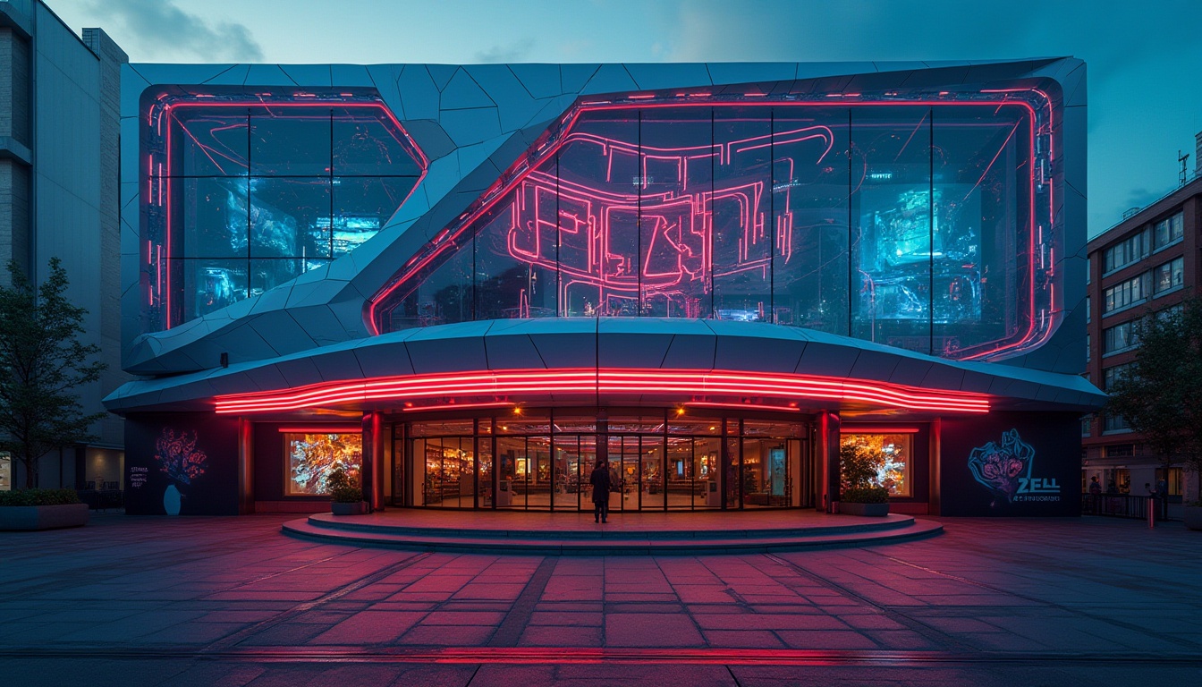 Prompt: Futuristic cinema facade, high-tech metallic cladding, dynamic LED light displays, sleek glass surfaces, angular geometric shapes, neon-lit signage, urban cityscape, evening ambiance, low-angle shot, dramatic shadows, cinematic atmosphere, 3/4 composition, shallow depth of field, vibrant colorful accents, abstract patterns, minimalist typography.