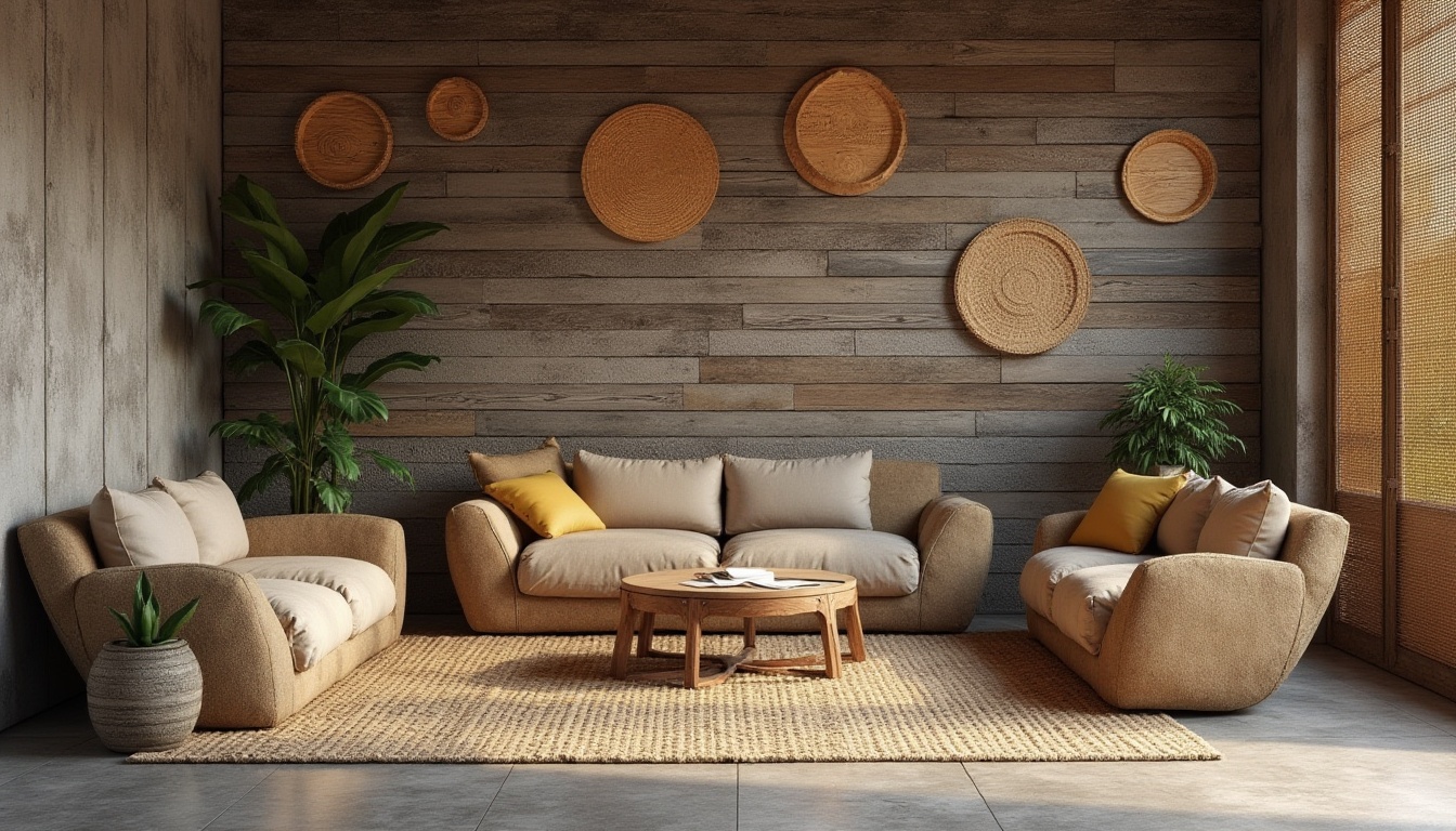 Prompt: Weathered stone walls, rustic wooden planks, distressed metal panels, tactile concrete floors, natural fiber rugs, woven bamboo screens, organic-shaped furniture, earthy color palette, warm ambient lighting, shallow depth of field, 1/2 composition, realistic textures, ambient occlusion.