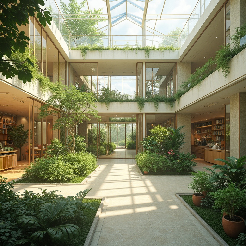 Prompt: Vibrant green roofs, lush gardens, floor-to-ceiling windows, transparent glass facades, clerestory lighting, skylights, solar tubes, reflective white walls, minimal obstructions, open floor plans, airy atriums, natural ventilation systems, earthy color palette, organic textures, warm beige tones, rustic wooden accents, soft diffused light, morning sunlight, afternoon shadows, 1/1 composition, realistic renderings, ambient occlusion.