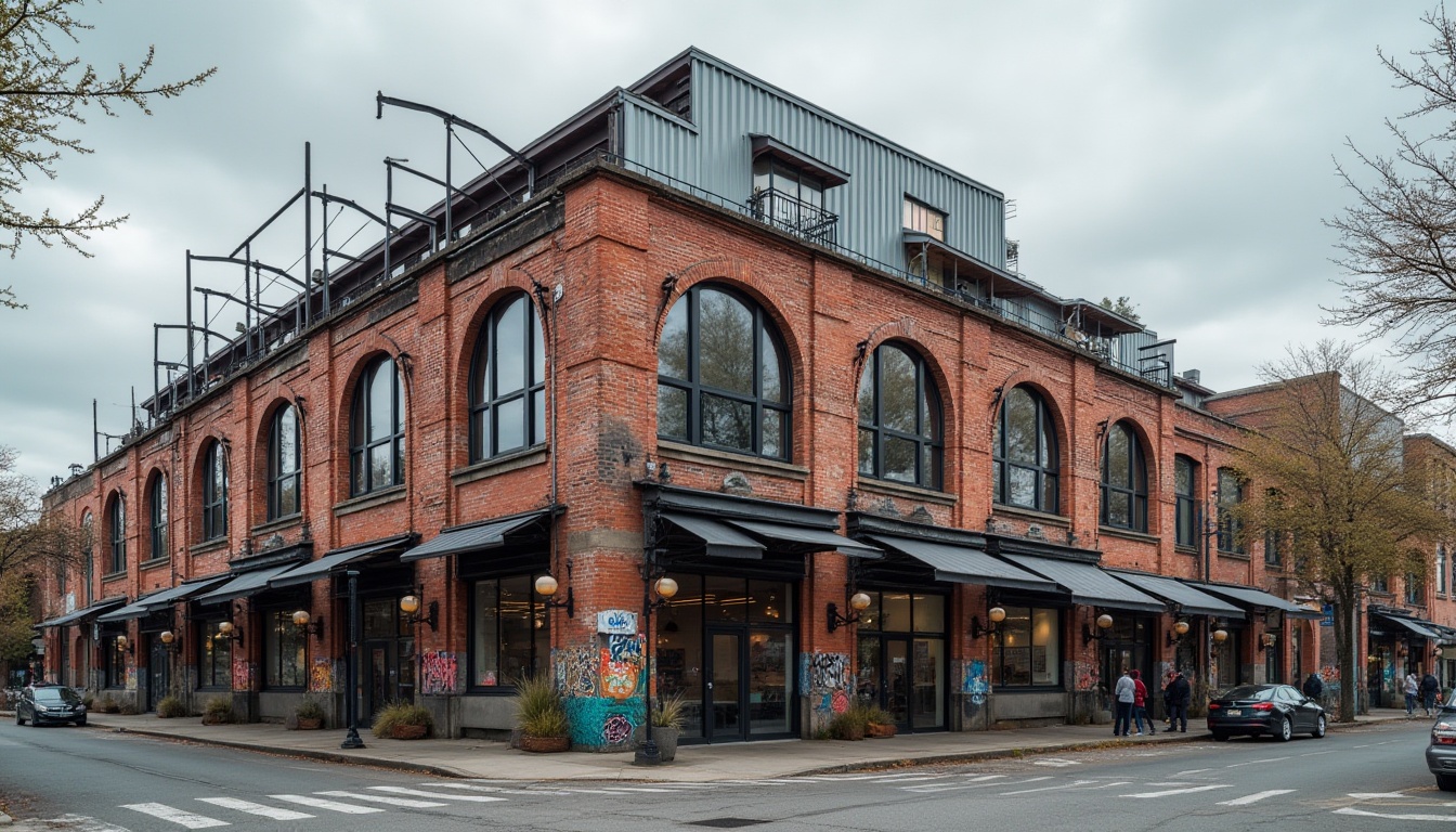 Prompt: Rustic warehouse facade, exposed brick walls, industrial metal frames, large glass windows, corrugated metal roofs, minimalist signage, urban cityscape, busy street scenes, cloudy overcast day, soft diffused lighting, shallow depth of field, 2/3 composition, symmetrical architecture, functional design, international style, modern materials, steel beams, concrete floors, reclaimed wood accents, industrial chic decor, vibrant graffiti art, eclectic textures.