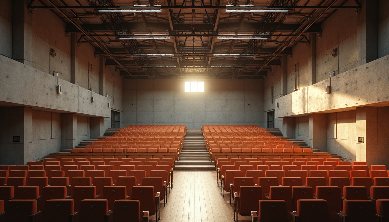 Prompt: Rectangular auditorium, minimalist interior, exposed concrete walls, industrial-style lighting, metal beams, wooden floors, geometric-shaped chairs, acoustic panels, sound-absorbing materials, curved lines, functional design, open space, high ceilings, natural light, dramatic shadows, warm color palette, abstract patterns, modernist architecture, 1920s-inspired decor, bold typography, avant-garde atmosphere, soft focus, shallow depth of field, 2/3 composition, cinematic lighting.