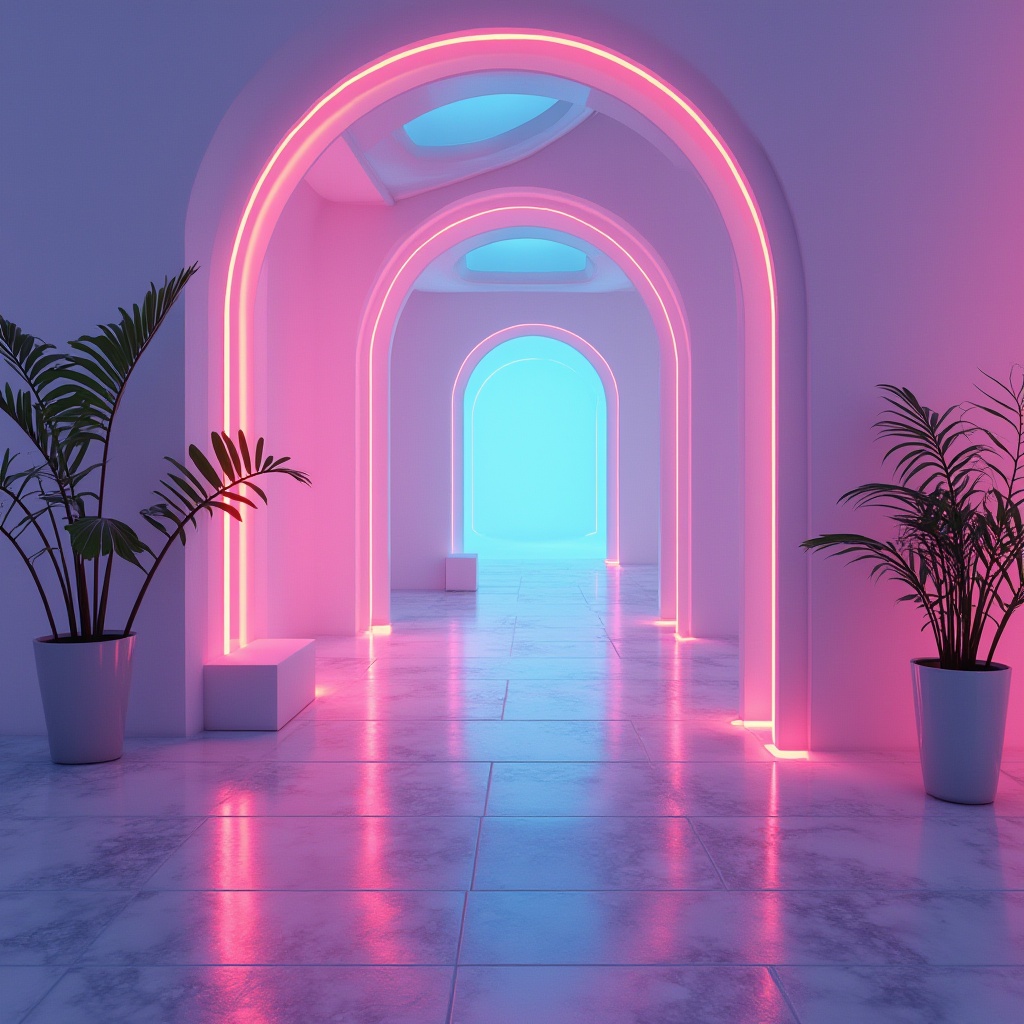 Prompt: Vibrant digital design, futuristic neon hues, pastel color scheme, bold typography, minimalist layout, sleek metallic accents, gradient effects, abstract geometric shapes, 3D visual elements, atmospheric lighting, shallow depth of field, panoramic view, realistic textures, ambient occlusion.