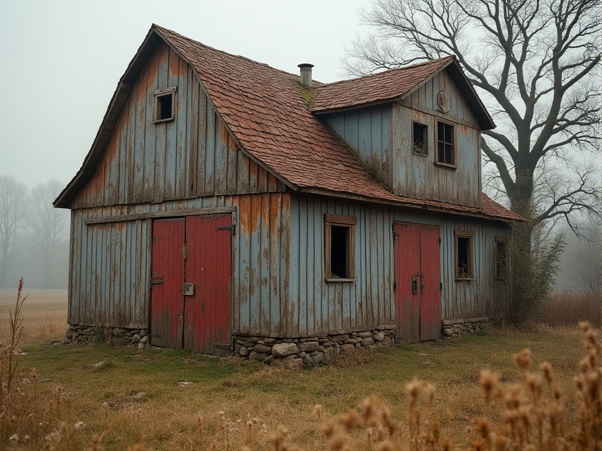 Prompt: Rustic barn, weathered wood, earthy tones, warm beige, faded red, muted blue, natural textures, distressed finishes, vintage metal accents, worn stone foundations, overgrown vegetation, wildflowers, soft misty lighting, 1/1 composition, intimate atmosphere, nostalgic ambiance.