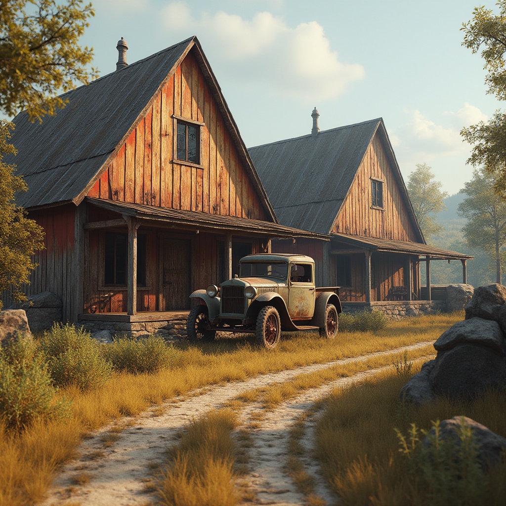 Prompt: Rustic rural landscape, vintage agricultural equipment, weathered wooden barns, unique asymmetrical structures, bold geometric shapes, dynamic diagonal lines, vibrant earthy tones, natural stone foundations, distressed metal accents, rustic wooden textures, warm soft lighting, shallow depth of field, 1/1 composition, realistic renderings, ambient occlusion.