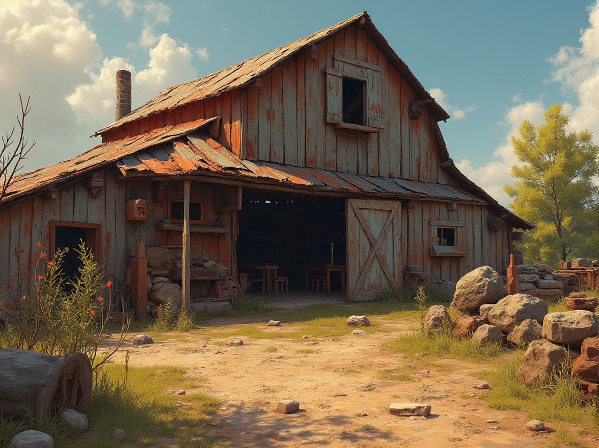 Prompt: Rustic barn, weathered wooden planks, corrugated metal roofs, distressed stone walls, vintage farm tools, earthy color palette, natural textures, organic forms, expressive brushstrokes, bold geometric patterns, abstracted rural landscape, warm golden lighting, shallow depth of field, 1/2 composition, gritty realistic rendering, ambient occlusion.This prompt includes the main subject (barn), its features (weathered wooden planks, corrugated metal roofs, etc.), environment (rural landscape), and description of light, composition, and texture.