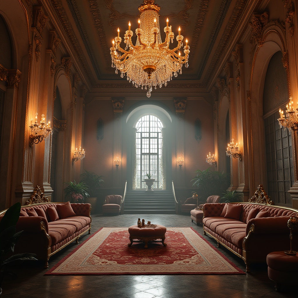 Prompt: Luxurious loft interior, ornate Baroque details, grand chandelier, crystal droplets, gilded moldings, intricate carvings, rich velvet fabrics, majestic stone columns, ornamental metalwork, lavish furnishings, tufted upholstery, golden accents, soft warm lighting, dramatic shadows, atmospheric fog effect, 1/1 composition, realistic textures, cinematic ambiance.