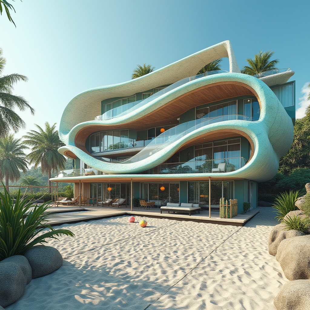 Prompt: Wave-inspired facade, ocean-blue accents, beachy wood textures, nautical rope details, modern minimalist architecture, large glass windows, sliding doors, balconies with coastal views, sea-breeze ventilation systems, sustainable building materials, green roofs, solar panels, wind turbines, outdoor recreational spaces, hammocks, beach volleyball courts, tropical landscaping, palm trees, colorful beach balls, sunny day, soft warm lighting, shallow depth of field, 3/4 composition, panoramic view, realistic textures, ambient occlusion.