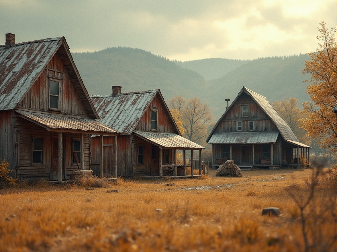 Prompt: Rustic countryside, rural landscape, vintage farmhouses, weathered wooden barns, unique structural forms, abstract expressionist shapes, bold geometric silhouettes, distressed metal roofs, worn brick facades, earthy color palette, natural textures, dramatic lighting effects, low-angle shots, cinematic composition, atmospheric depth of field, soft focus, warm color grading.