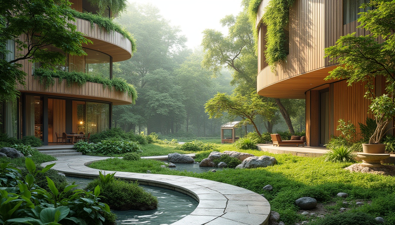 Prompt: Eco-friendly landscape, lush green roofs, native plant species, rainwater harvesting systems, permeable pavement, solar-powered lighting, sustainable materials, reclaimed wood accents, living walls, vertical gardens, natural stone pathways, curved lines, minimalist design, energy-efficient buildings, green architecture, environmental conservation, serene atmosphere, soft warm lighting, shallow depth of field, 3/4 composition, panoramic view, realistic textures, ambient occlusion.