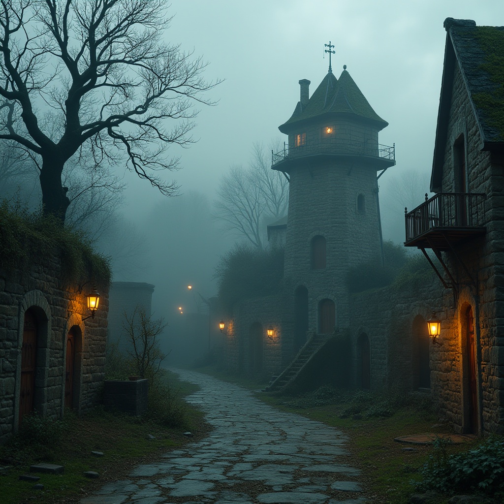 Prompt: Majestic watchtowers, rustic stone walls, worn wooden doors, overgrown vegetation, misty atmospheric effects, eerie foggy mornings, abandoned ruins, mysterious lanterns, old-growth trees, winding staircases, ornate metal railings, weathered brick facades, crumbling stonework, moss-covered roofs, dramatic skies, low-key warm lighting, cinematic composition, shallow depth of field, realistic textures, ambient occlusion.