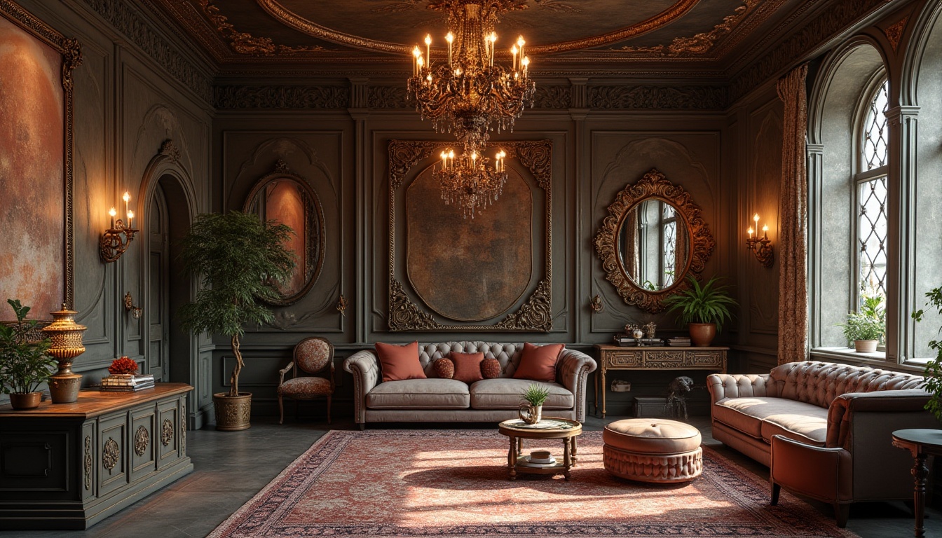 Prompt: Intricate carvings, ornate furnishings, luxurious fabrics, rich wood tones, metallic accents, grand chandeliers, decorative molding, statement walls, vintage artifacts, eclectic accessories, rustic distressed finishes, elegant archways, sophisticated color palettes, refined textures, dramatic lighting effects, 1/1 composition, shallow depth of field, soft warm glow, atmospheric ambiance.