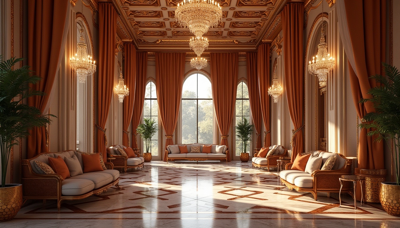 Prompt: Luxurious pavilion, Art Deco style, opulent materials, rich textures, metallic accents, ornate details, velvet drapes, polished marble floors, intricate mosaics, geometric patterns, lavish furnishings, crystal chandeliers, ambient warm lighting, soft focus, shallow depth of field, 1/1 composition, symmetrical view, realistic reflections, detailed normal maps.