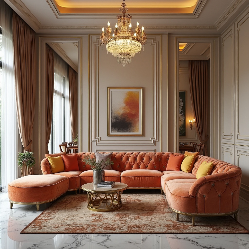 Prompt: Elegant living room, lavish furniture, rich velvet upholstery, ornate gold accents, crystal chandelier, spacious floor plan, high ceilings, large windows, natural light pouring in, soft warm glow, 1/1 composition, shallow depth of field, realistic textures, ambient occlusion, smooth marble floors, intricate rugs, modern abstract artwork, vibrant colorful throw pillows, luxurious drapes, flowing curtains.