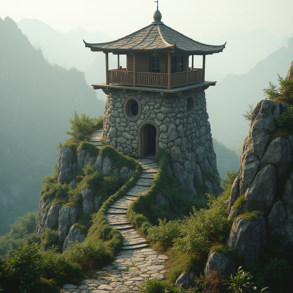 Prompt: \Watchtower with panoramic views, rugged stone walls, wooden accents, curved staircases, winding paths, lush greenery, blooming flowers, misty atmosphere, soft warm lighting, shallow depth of field, 3/4 composition, realistic textures, ambient occlusion, scenic overlooks, natural rock formations, rolling hills, serene countryside, tranquil ambiance, rustic charm, earthy tones, organic shapes, blended landscape integration.\