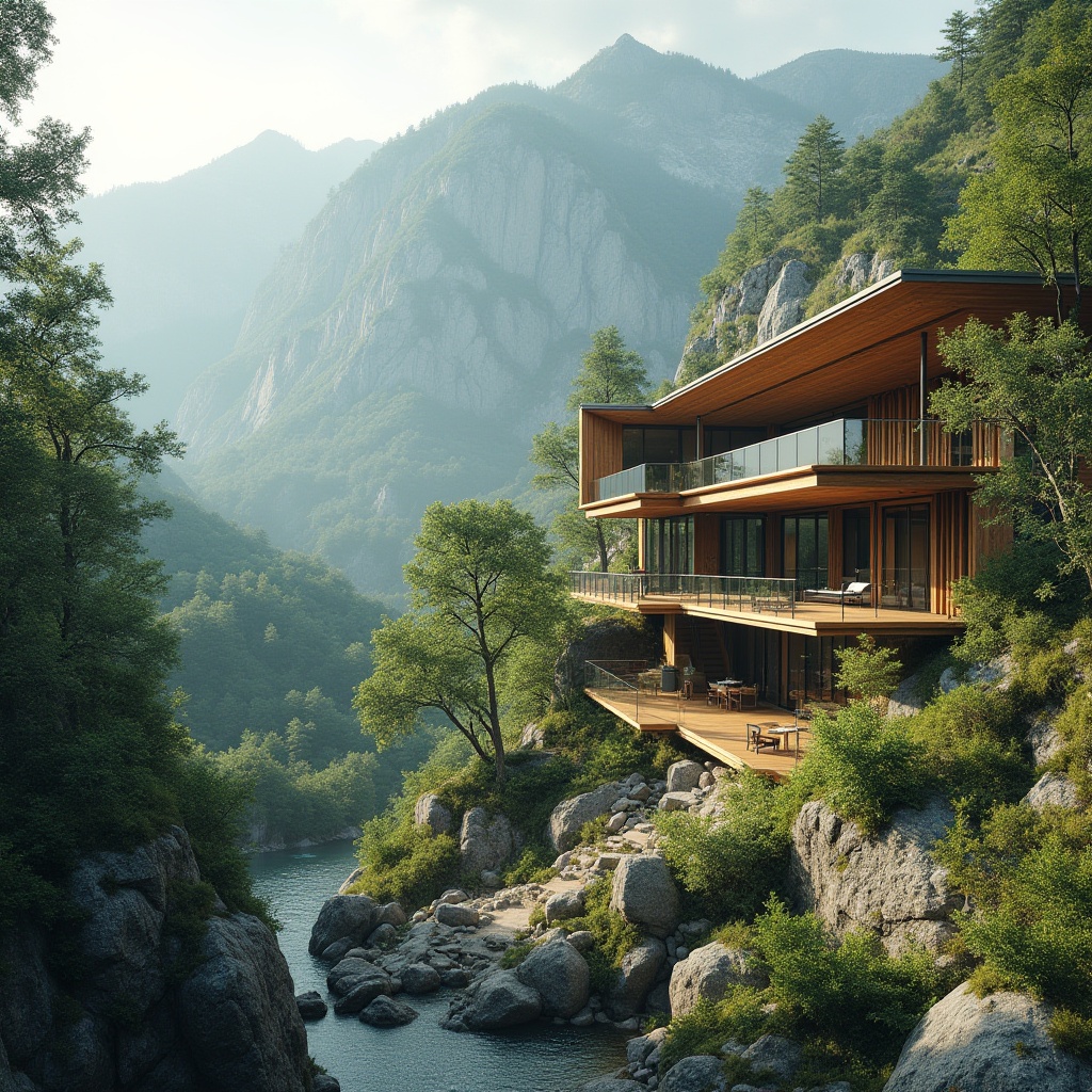 Prompt: Scenic mountainous backdrop, lush green forests, winding hiking trails, serene water features, natural stone retaining walls, harmonious building integration, modern eco-friendly architecture, cantilevered roofs, floor-to-ceiling windows, sliding glass doors, outdoor living spaces, wooden decking, minimalistic railings, organic curves, rustic wooden accents, warm earthy tones, soft diffused lighting, atmospheric mist, shallow depth of field, 1/2 composition, realistic textures, ambient occlusion.