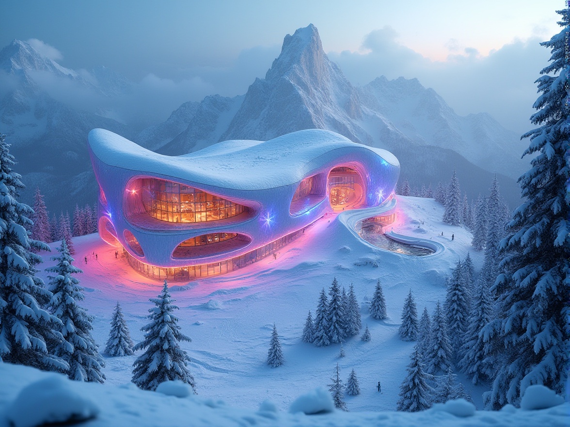 Prompt: Snow-capped mountains, frosty pine trees, icy ski slopes, vibrant neon lights, futuristic expressionist architecture, undulating wavy fa\u00e7ades, angular irregular shapes, bold colorful patterns, dynamic LED displays, transparent glass surfaces, sleek metallic accents, minimalist structural systems, cantilevered rooflines, asymmetrical compositions, dramatic shadows, high-contrast lighting, misty atmospheric effects, 3/4 composition, shallow depth of field, panoramic view.