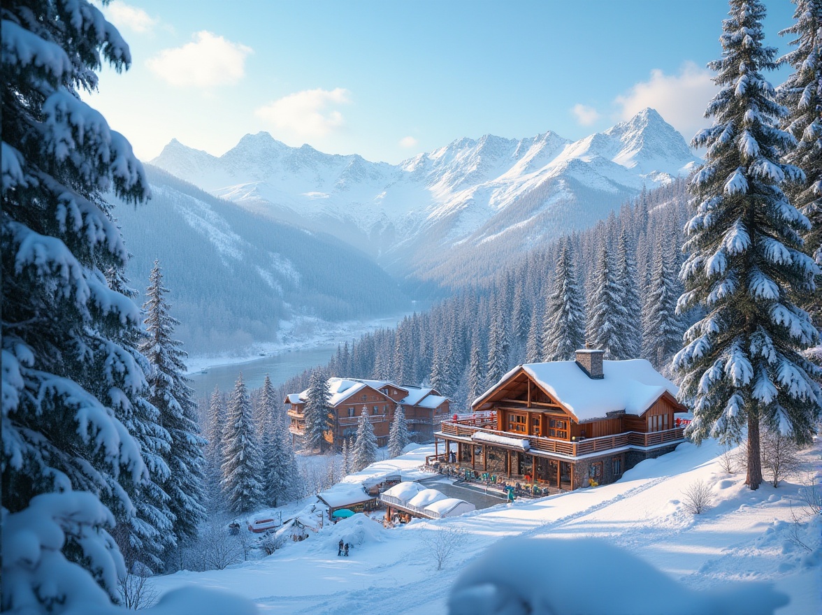 Prompt: Snow-capped mountains, frosty mornings, wooden ski lodges, vibrant ski lifts, colorful snowboards, warm apres-ski bars, rustic wooden accents, earthy tone fabrics, icy blue skies, powdery snow textures, frozen lake reflections, pine tree silhouettes, cozy fire pit gatherings, soft warm lighting, shallow depth of field, 3/4 composition, panoramic view, realistic textures, ambient occlusion.