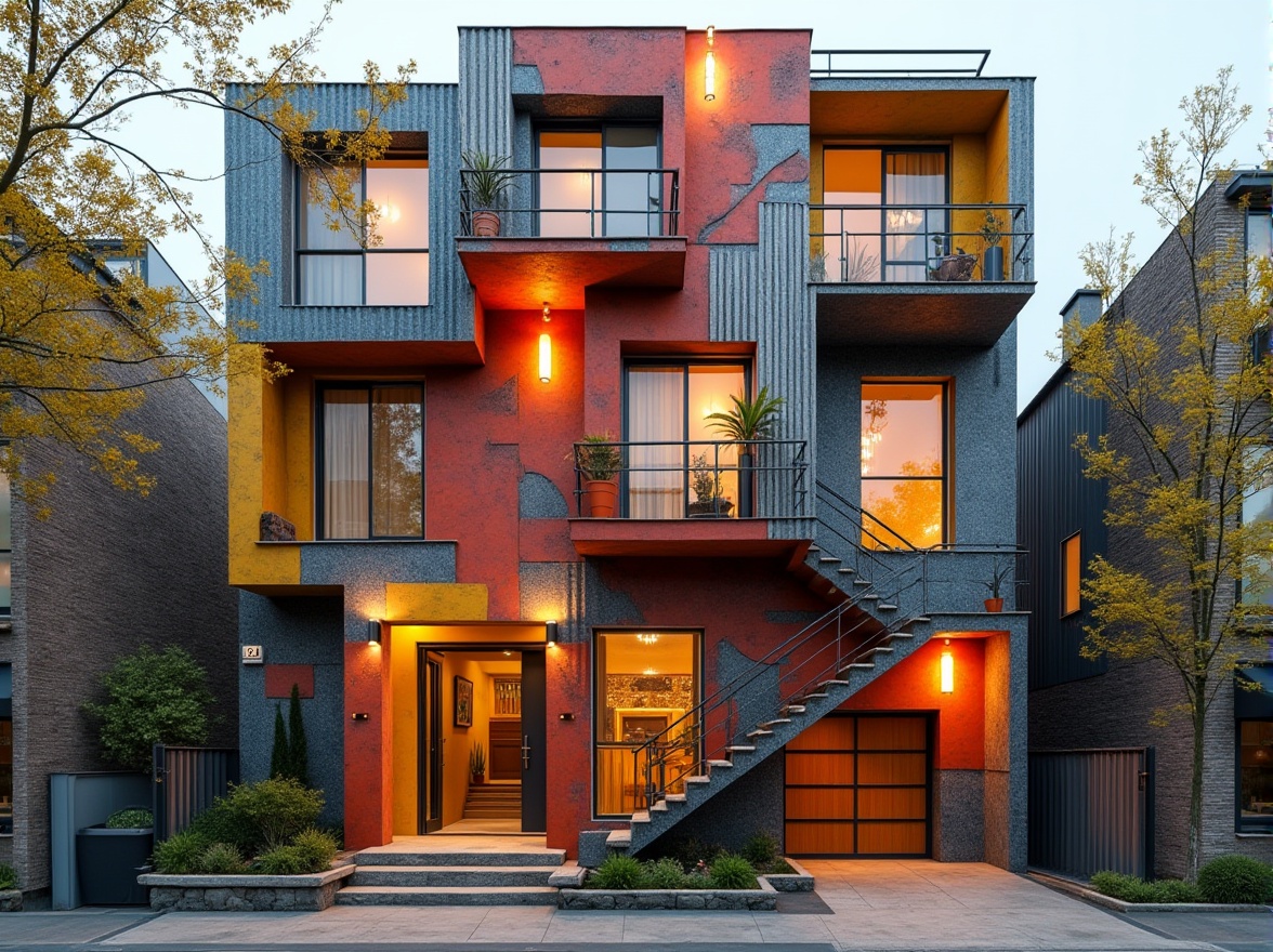 Prompt: Vibrant residential building, irregular shapes, bold color blocks, expressive fa\u00e7ade patterns, fragmented forms, abstract art-inspired murals, eclectic mix of materials, rough-hewn stone walls, corrugated metal cladding, transparent glass accents, playful window arrangements, sculptural staircases, dynamic light installations, warm cozy atmosphere, soft diffused lighting, shallow depth of field, 1/1 composition, close-up shots, realistic textures, ambient occlusion.