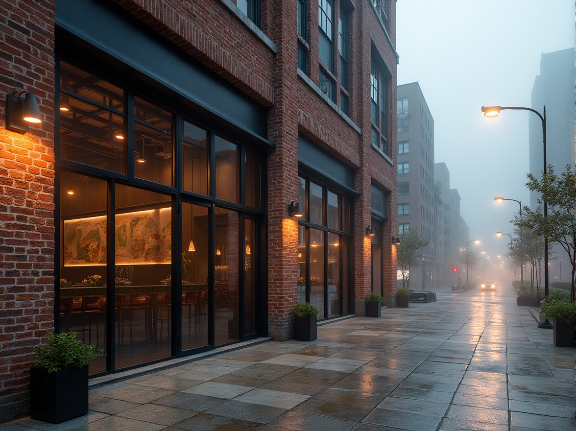 Prompt: Rustic warehouse facade, exposed brick walls, industrial metal frames, large glass windows, minimalist signage, urban cityscape, busy streets, modern streetlights, foggy morning atmosphere, soft warm lighting, shallow depth of field, 1/1 composition, realistic textures, ambient occlusion, distressed concrete finishes, reclaimed wood accents, industrial chic decor, international style influences, functional design elements.