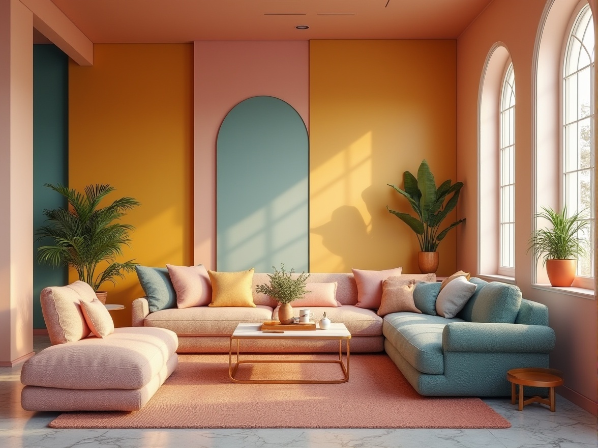 Prompt: Vibrant modern interior, eclectic color scheme, bold accent walls, pastel hues, earthy tones, rich textures, metallic accents, sleek furniture, minimalist decor, natural light, airy atmosphere, 3/4 composition, soft focus, warm lighting, realistic render.